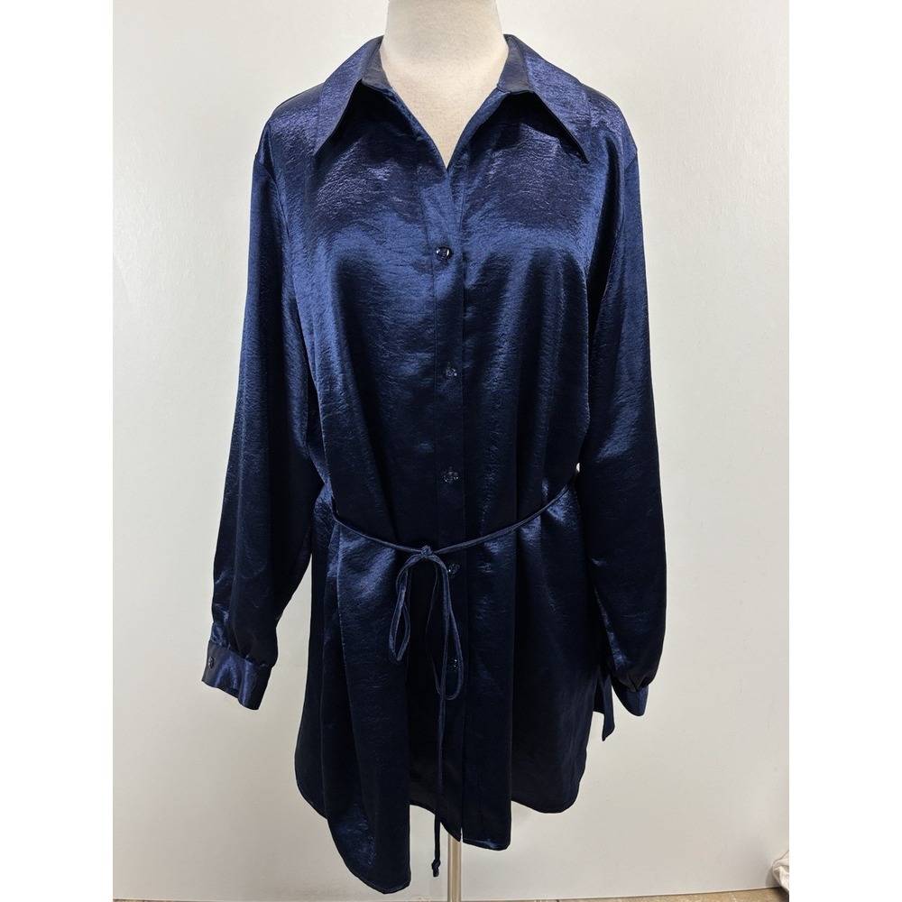 NEW! Susan Graver Hammered Satin Tunic Top Shirt Women's 2X Plus Blue Tie Waist